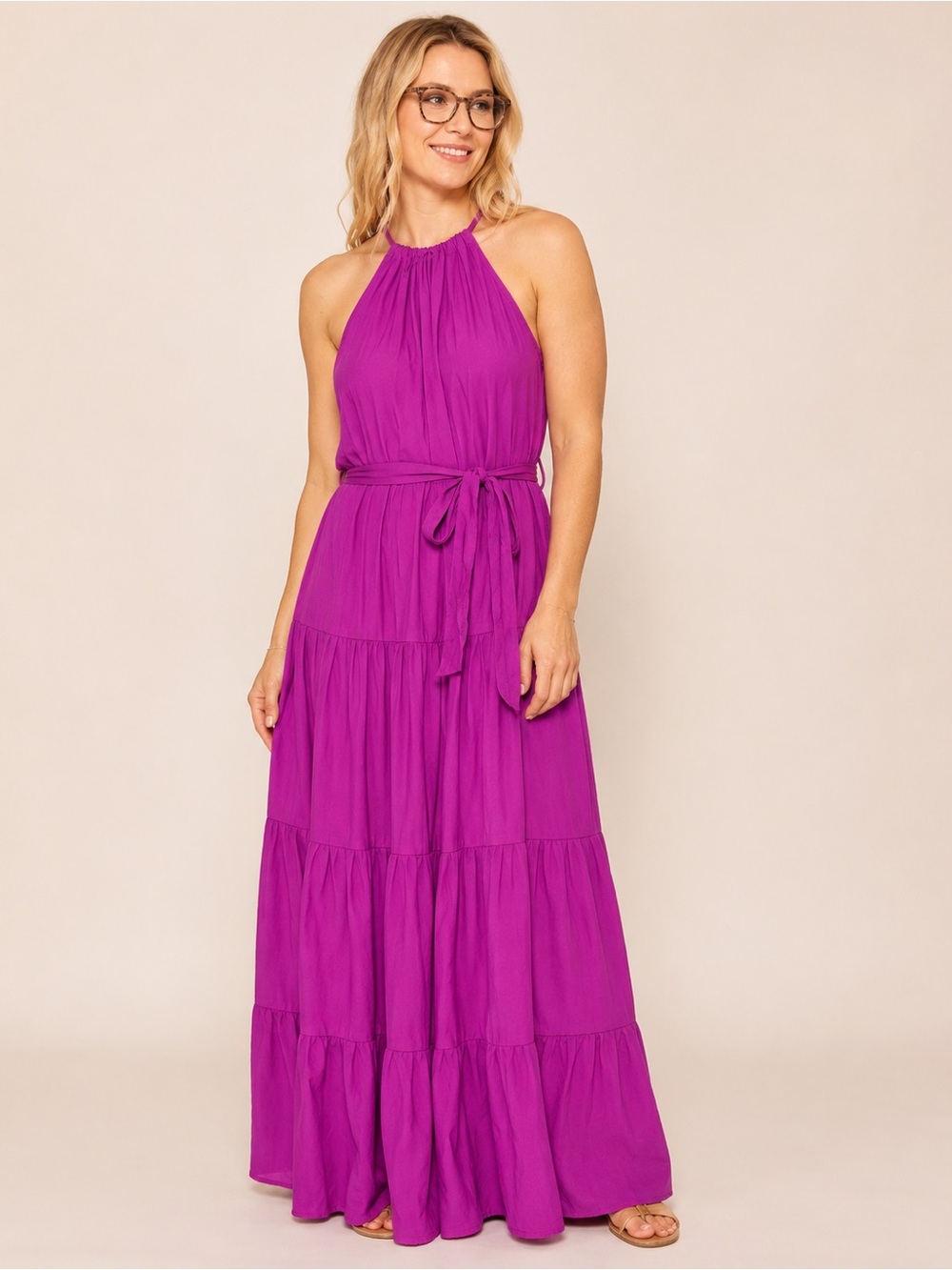 Bluivy Medium Fuchsia Halter Maxi Dress Tiered Tie Waist Open Back Boho